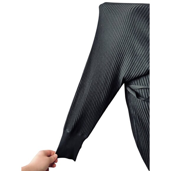 Love Tree Black Ribbed Knit Long Sleeve Mini Wrap Dress With Tie Waist & V-Neck - Picture 5 of 8